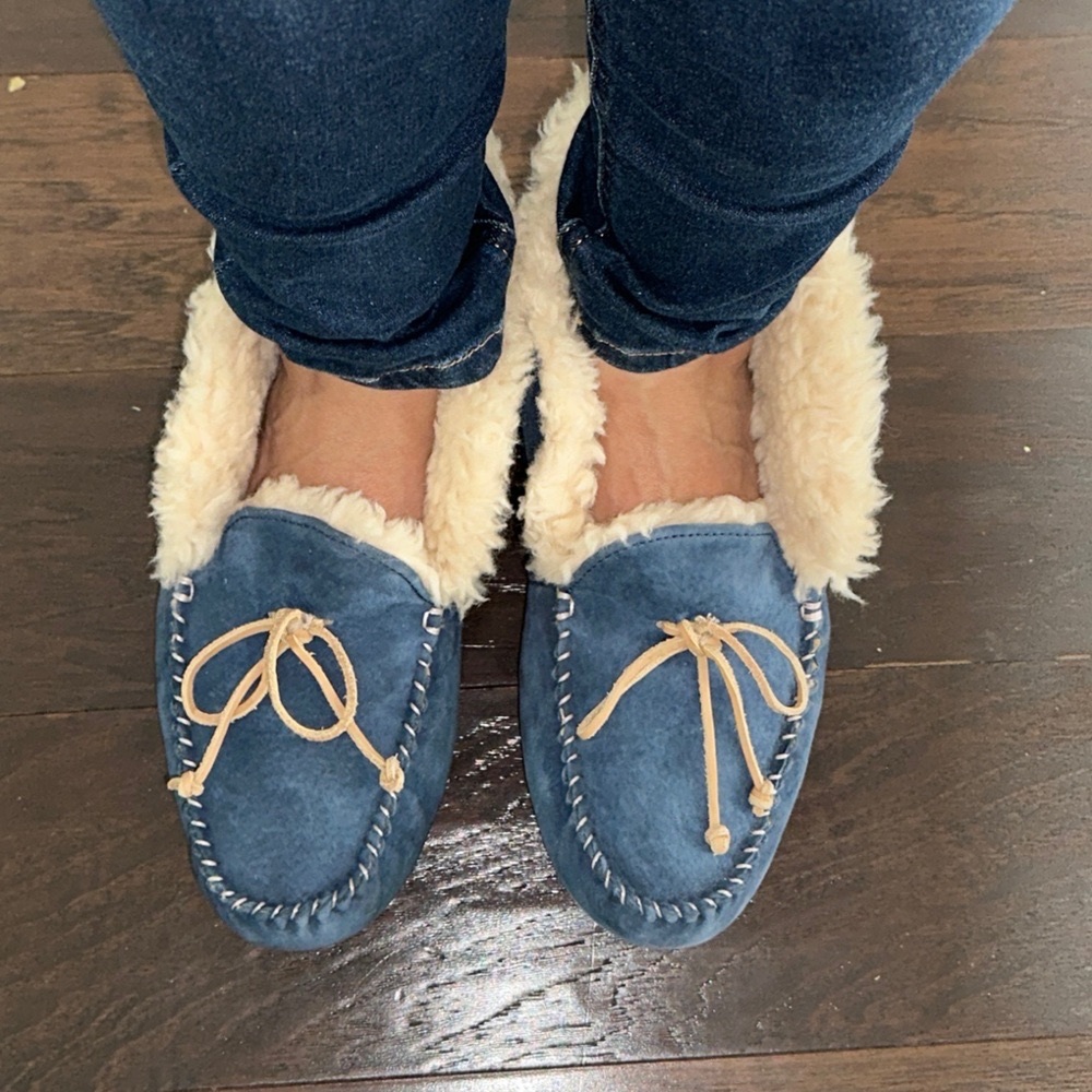 UGG Women's Blue Suede Slippers with Cream Fur - Picture 14 of 16